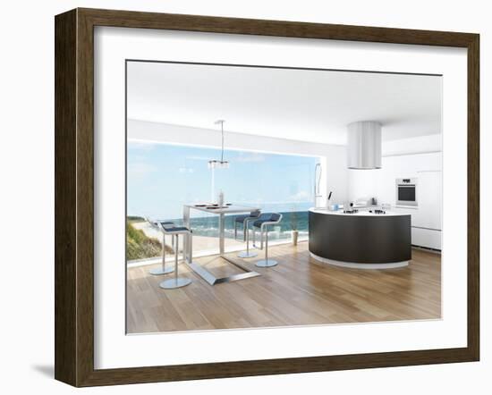 Modern Luxury Kitchen Interior with Fantastic Seascape View-PlusONE-Framed Photographic Print