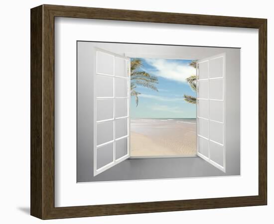 Modern Residential Window Open and Beach with Palm Trees Behind-ilker canikligil-Framed Art Print