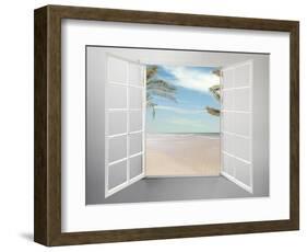 Modern Residential Window Open and Beach with Palm Trees Behind-ilker canikligil-Framed Art Print