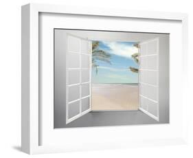 Modern Residential Window Open and Beach with Palm Trees Behind-ilker canikligil-Framed Art Print
