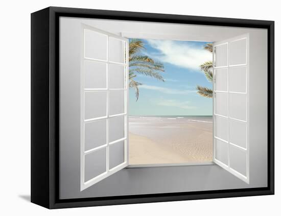 Modern Residential Window Open and Beach with Palm Trees Behind-ilker canikligil-Framed Stretched Canvas