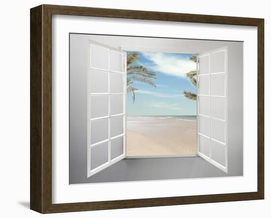 Modern Residential Window Open and Beach with Palm Trees Behind-ilker canikligil-Framed Art Print