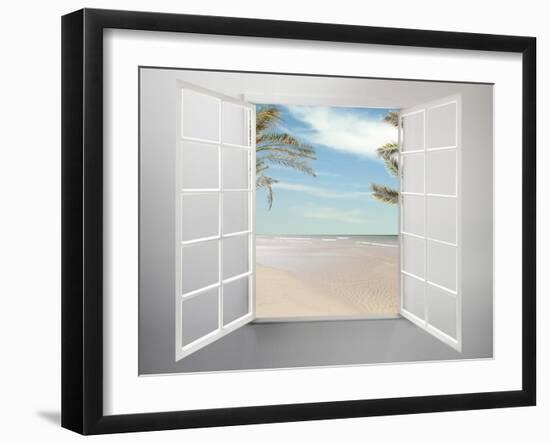 Modern Residential Window Open and Beach with Palm Trees Behind-ilker canikligil-Framed Art Print