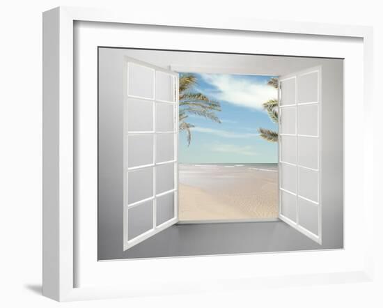 Modern Residential Window Open and Beach with Palm Trees Behind-ilker canikligil-Framed Art Print