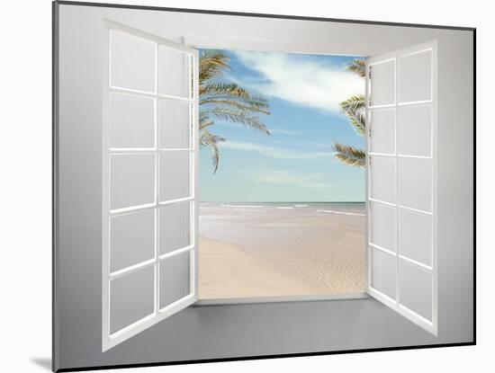 Modern Residential Window Open and Beach with Palm Trees Behind-ilker canikligil-Mounted Art Print