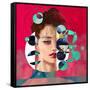 Modern Style Portrait of a Lady with Red Background and Circles-A Frants-Framed Stretched Canvas