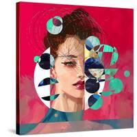 Modern Style Portrait of a Lady with Red Background and Circles-A Frants-Stretched Canvas