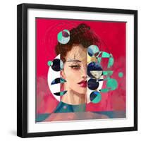 Modern Style Portrait of a Lady with Red Background and Circles-A Frants-Framed Art Print