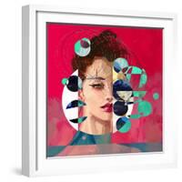 Modern Style Portrait of a Lady with Red Background and Circles-A Frants-Framed Art Print