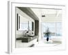 Modern White Bathroom Interior with Huge Windows and Scenic View-PlusONE-Framed Photographic Print