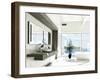 Modern White Bathroom Interior with Huge Windows and Scenic View-PlusONE-Framed Photographic Print