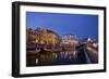 Moliceiro Boats Docked by Art Nouveau Style Buildings along the Central Canal.-Julianne Eggers-Framed Photographic Print