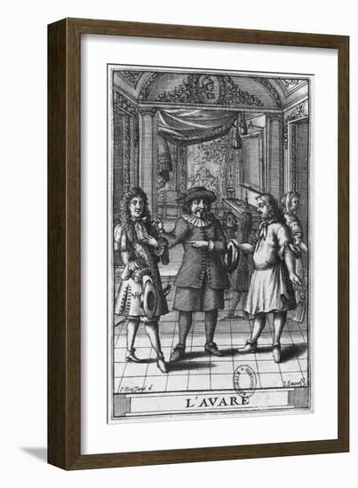 Moliere as Harpagon, Frontispiece Illustration from The Miser by Moliere, Engraved by Jean Sauve-Pierre Brissart-Framed Giclee Print