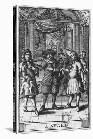 Moliere as Harpagon, Frontispiece Illustration from The Miser by Moliere, Engraved by Jean Sauve-Pierre Brissart-Stretched Canvas