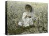 Mom and Little Girl in Field with Butterfly Flying around Them-Nora Hernandez-Stretched Canvas