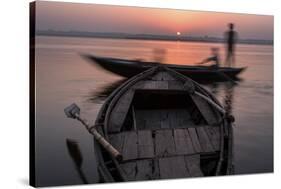 Moments of Life, on Gange's Shores, with Wooden Boat, Varanasi, Uttar Pradesh, India-ClickAlps-Stretched Canvas