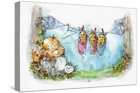 Momma Tabby Cat washing Kittens-sylvia pimental-Stretched Canvas