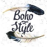 Illustration with Boho-Chic Label. Boho Style. Hand Drawn Watercolor Feathers on White Background.-Mona Monash-Art Print