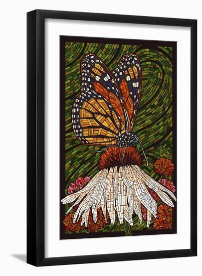 Monarch Butterfly - Paper Mosaic - Green Background-Lantern Press-Framed Art Print
