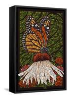 Monarch Butterfly - Paper Mosaic - Green Background-Lantern Press-Framed Stretched Canvas