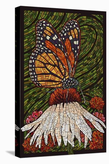 Monarch Butterfly - Paper Mosaic - Green Background-Lantern Press-Stretched Canvas