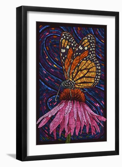 Monarch Butterfly - Pink Flower - Paper Mosaic - Lantern Press Artwork-Lantern Press-Framed Art Print