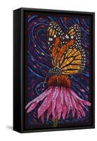 Monarch Butterfly - Pink Flower - Paper Mosaic - Lantern Press Artwork-Lantern Press-Framed Stretched Canvas