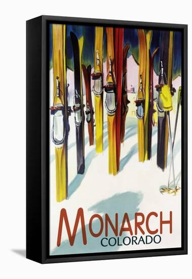 Monarch, Colorado - Colorful Skis-Lantern Press-Framed Stretched Canvas