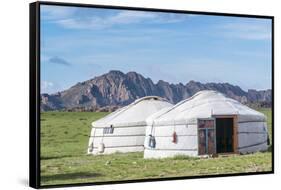 Mongolian gers and mountains in the background, Middle Gobi province, Mongolia, Central Asia, Asia-Francesco Vaninetti-Framed Stretched Canvas