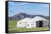 Mongolian gers and mountains in the background, Middle Gobi province, Mongolia, Central Asia, Asia-Francesco Vaninetti-Framed Stretched Canvas