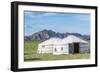 Mongolian gers and mountains in the background, Middle Gobi province, Mongolia, Central Asia, Asia-Francesco Vaninetti-Framed Photographic Print