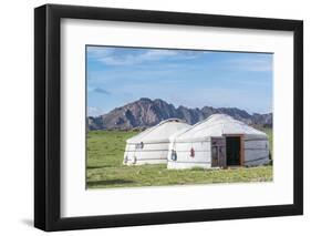 Mongolian gers and mountains in the background, Middle Gobi province, Mongolia, Central Asia, Asia-Francesco Vaninetti-Framed Photographic Print