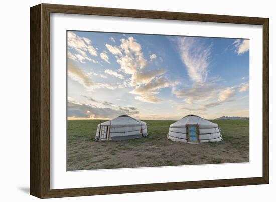 Mongolian nomadic traditional gers and clouds in the sky, Middle Gobi province, Mongolia, Central A-Francesco Vaninetti-Framed Photographic Print