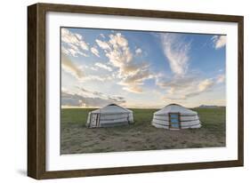 Mongolian nomadic traditional gers and clouds in the sky, Middle Gobi province, Mongolia, Central A-Francesco Vaninetti-Framed Photographic Print