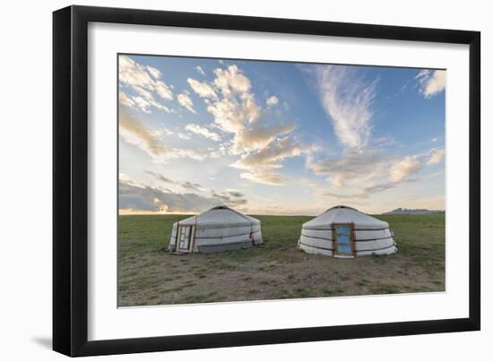 Mongolian nomadic traditional gers and clouds in the sky, Middle Gobi province, Mongolia, Central A-Francesco Vaninetti-Framed Photographic Print