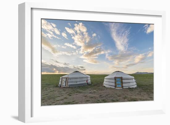 Mongolian nomadic traditional gers and clouds in the sky, Middle Gobi province, Mongolia, Central A-Francesco Vaninetti-Framed Photographic Print