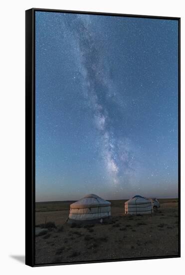 Mongolian traditional gers under the Milky Way, Ulziit, Middle Gobi province, Mongolia, Central Asi-Francesco Vaninetti-Framed Stretched Canvas