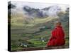 Monk and Farmlands in the Phobjikha Valley, Gangtey Village, Bhutan-Keren Su-Stretched Canvas