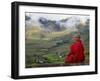 Monk and Farmlands in the Phobjikha Valley, Gangtey Village, Bhutan-Keren Su-Framed Premium Photographic Print