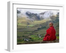 Monk and Farmlands in the Phobjikha Valley, Gangtey Village, Bhutan-Keren Su-Framed Premium Photographic Print