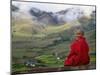 Monk and Farmlands in the Phobjikha Valley, Gangtey Village, Bhutan-Keren Su-Mounted Premium Photographic Print