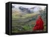 Monk and Farmlands in the Phobjikha Valley, Gangtey Village, Bhutan-Keren Su-Framed Stretched Canvas