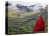 Monk and Farmlands in the Phobjikha Valley, Gangtey Village, Bhutan-Keren Su-Stretched Canvas