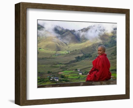 Monk and Farmlands in the Phobjikha Valley, Gangtey Village, Bhutan-Keren Su-Framed Photographic Print