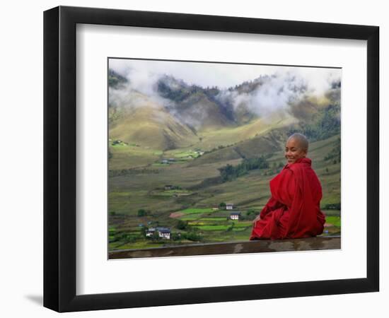 Monk and Farmlands in the Phobjikha Valley, Gangtey Village, Bhutan-Keren Su-Framed Photographic Print