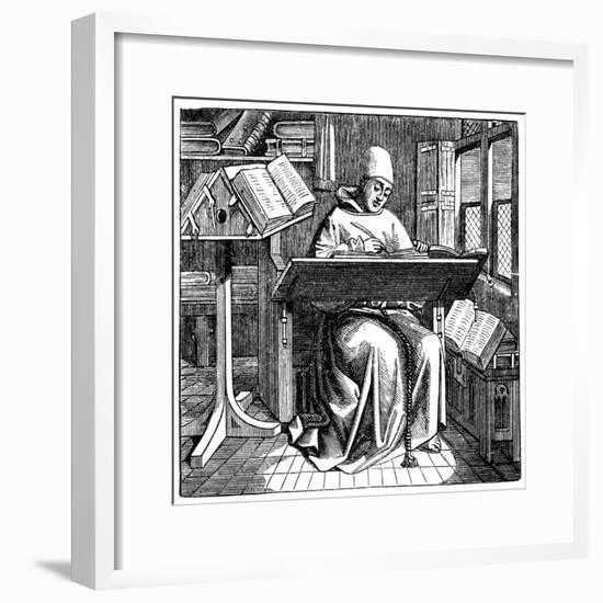 Monk at Work on a Manuscript in the Corner of a Scriptorium, 15th Century-null-Framed Giclee Print