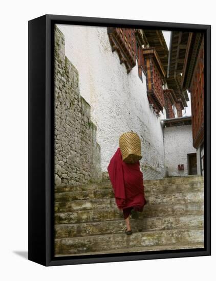 Monk Carrying Basket in Trongsa Dzong, Bhutan-Keren Su-Framed Stretched Canvas