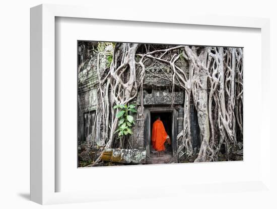 Monk in Angkor Wat Cambodia. Ta Prohm Khmer Ancient Buddhist Temple in Jungle Forest. Famous Landma-Banana Republic images-Framed Photographic Print