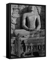 Monk in Front of the Seated Buddha Statue, Gol Vihara, Polonnaruwa, Sri Lanka, Asia-Bruno Morandi-Framed Stretched Canvas