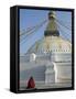 Monk in Meditative Prayer Before the Buddha Eyes of Boudha, Nepal-Don Smith-Framed Stretched Canvas